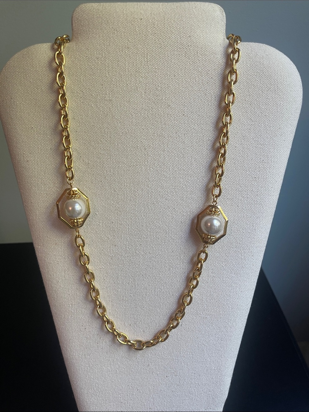 Gold-Tone Pearl Accent Long Chain Necklace